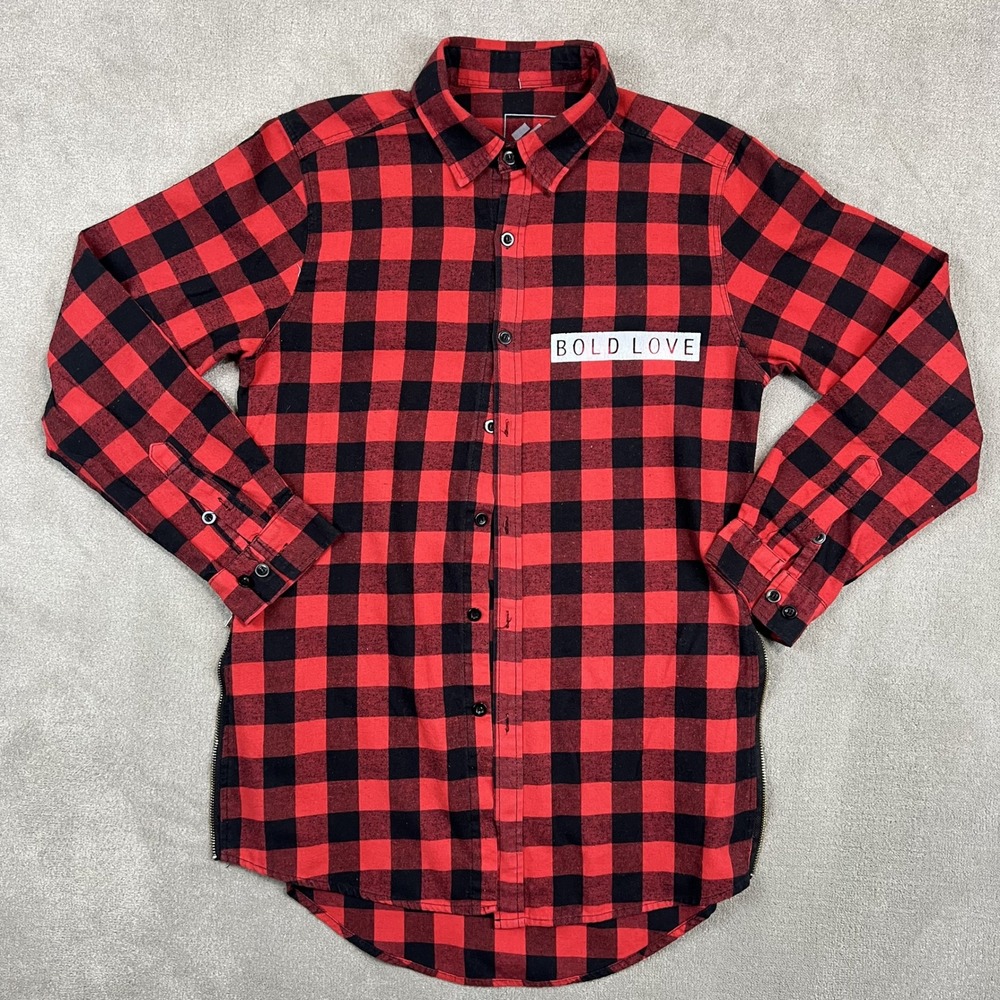 Bold Love Streetwear Buffalo Plaid Side Zip Flannel Shirt Medium Red Black Edgy